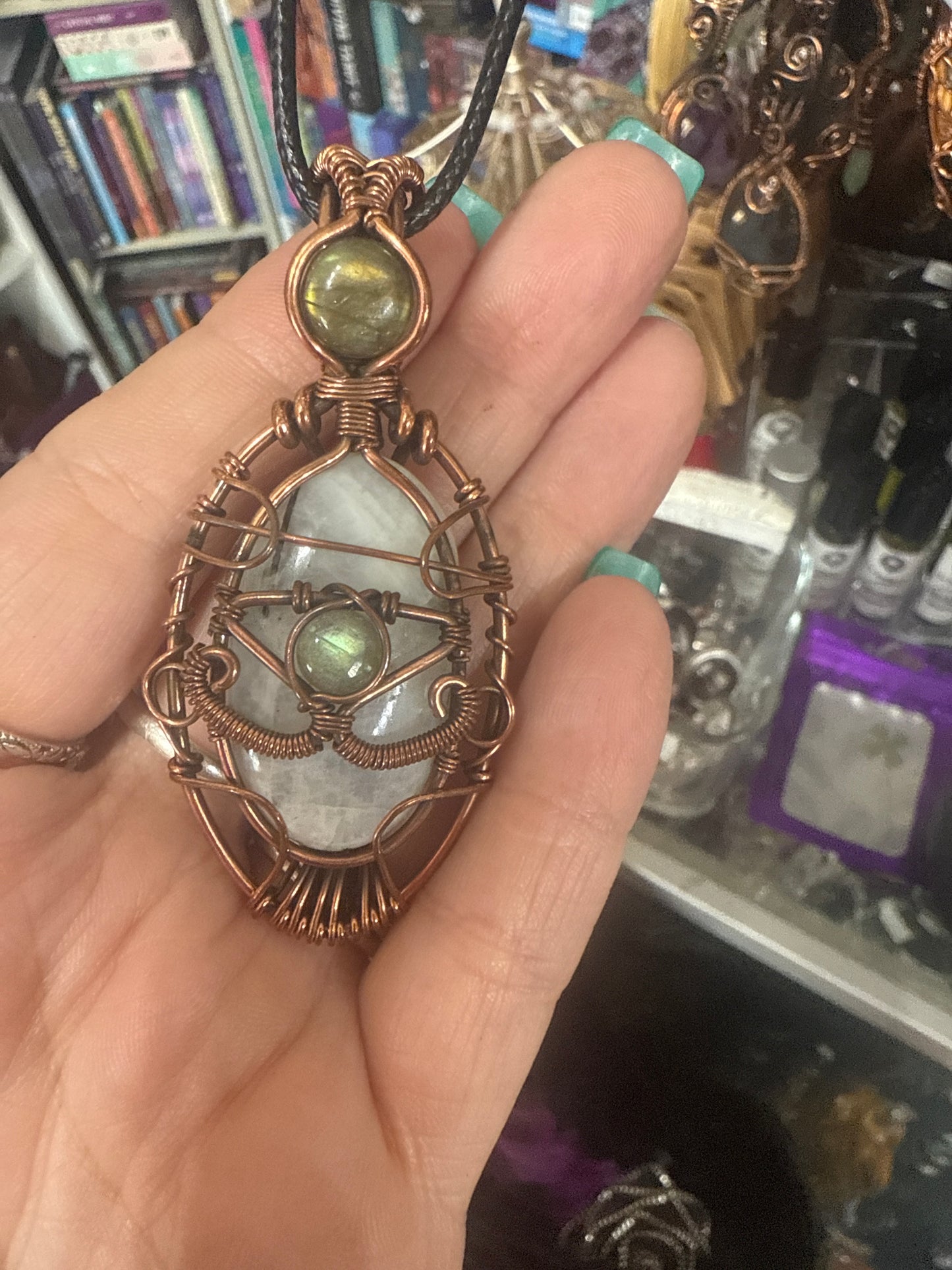 Moonstone and Labradorite Wire Wrap Pendant