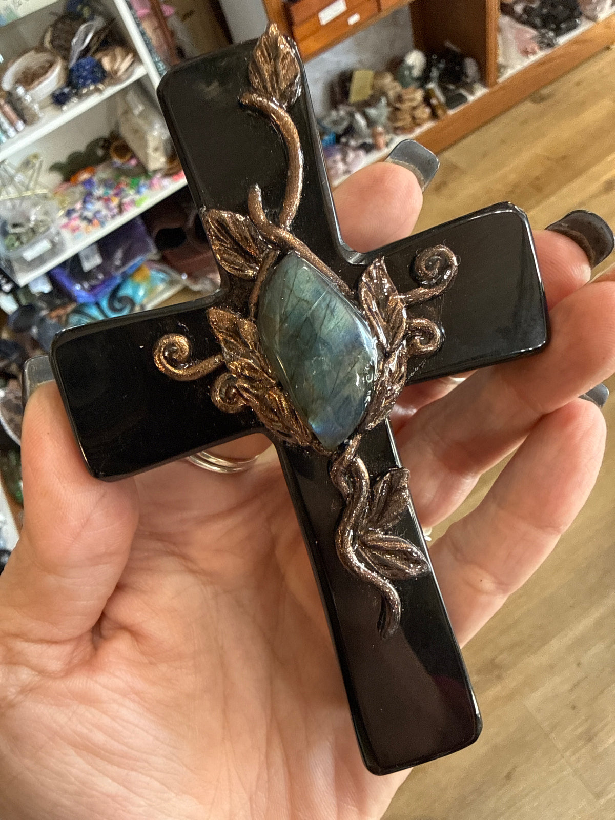 Obsidian cross with labradorite