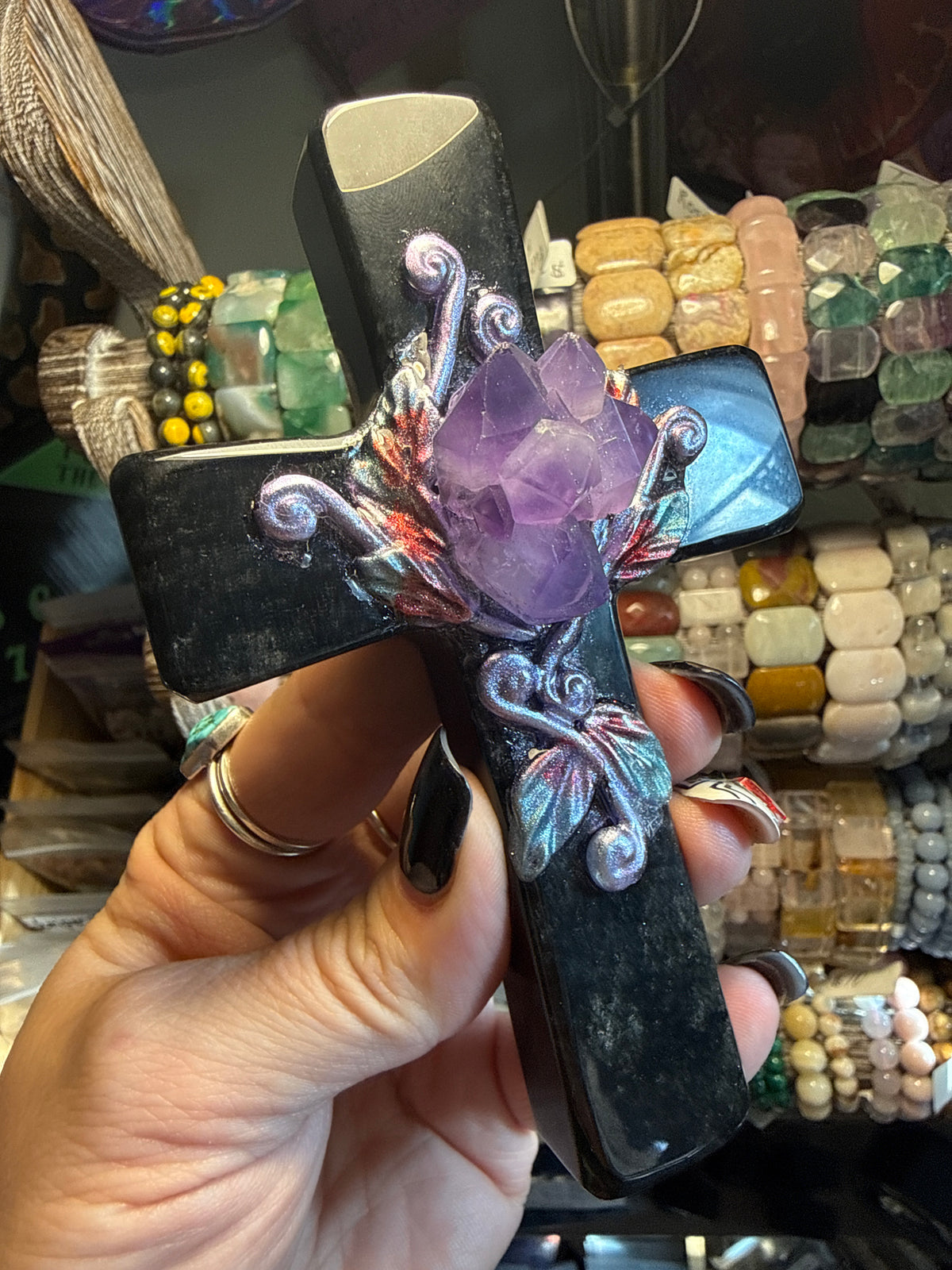 Silver Sheen obsidian cross with Amethyst Berry