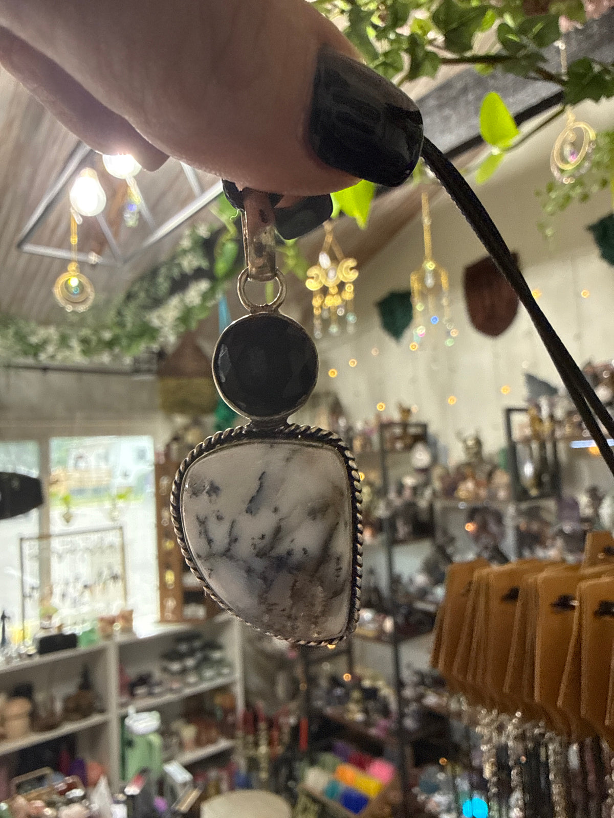 Black Onyx and Dendretic agate Pendant