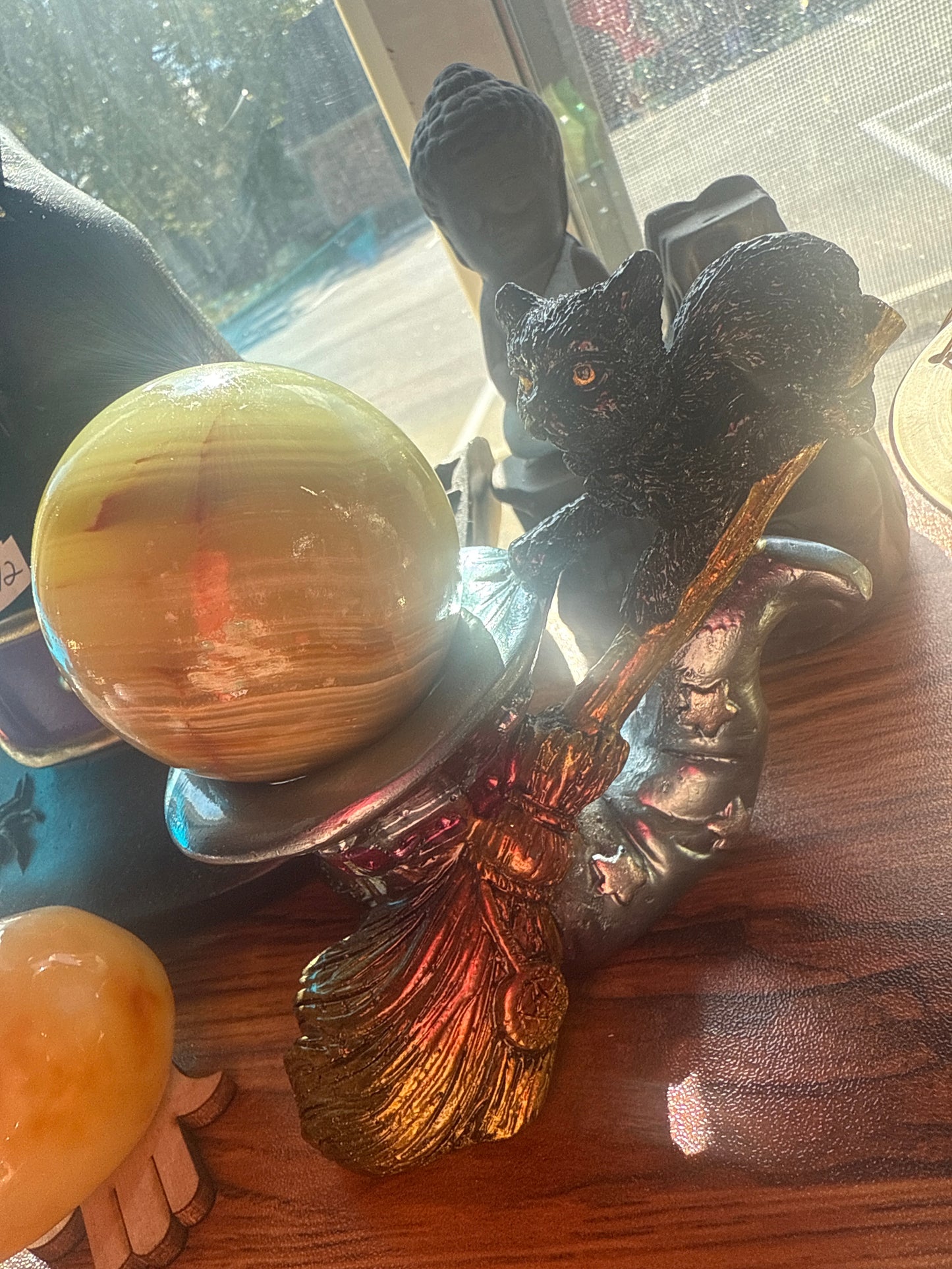 Banded Onyx Sphere with Witch Cat Holder