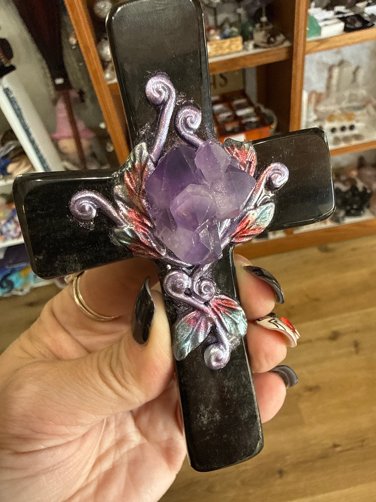 Silver Sheen obsidian cross with Amethyst Berry