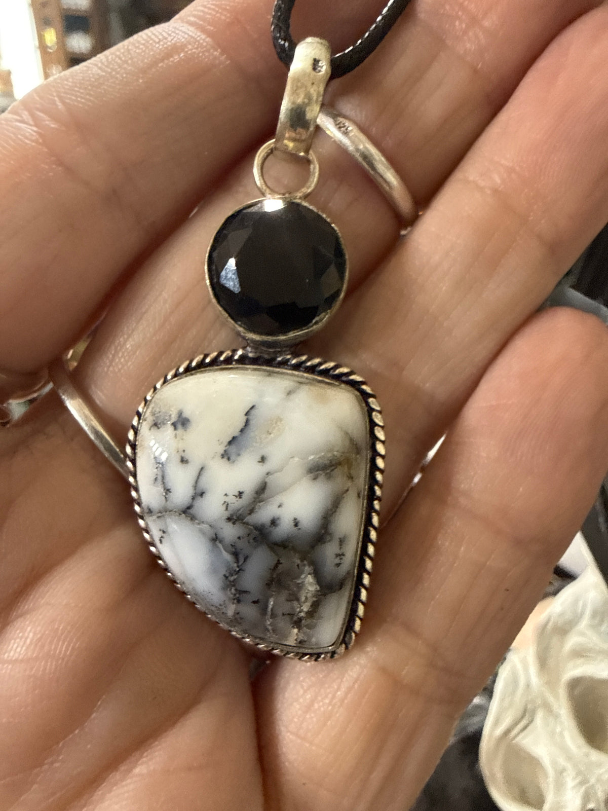 Black Onyx and Dendretic agate Pendant