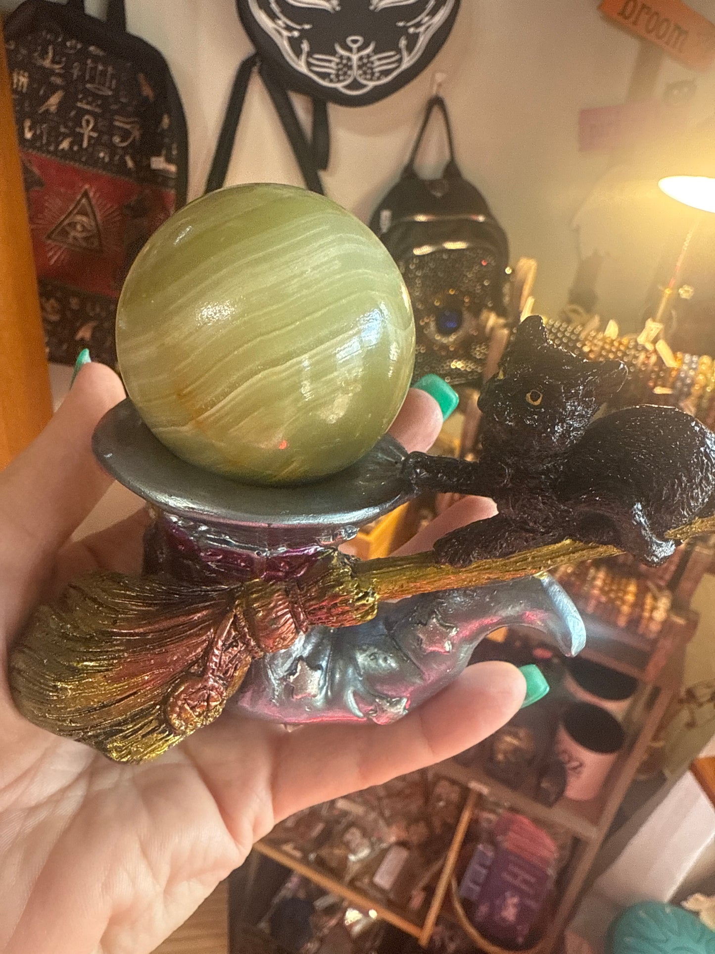 Banded Onyx Sphere with Witch Cat Holder